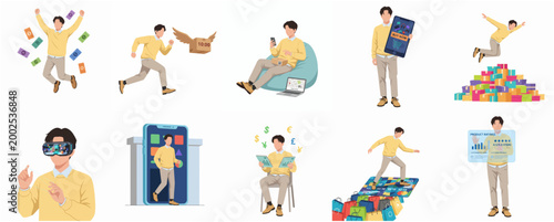 Diverse Young Adult Male Character Engaged in Various Digital and Leisure Activities