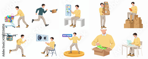 Stylized Collection of Diverse Male Characters Engaged in Various Shopping and Delivery Activities, Depicting Modern Commerce