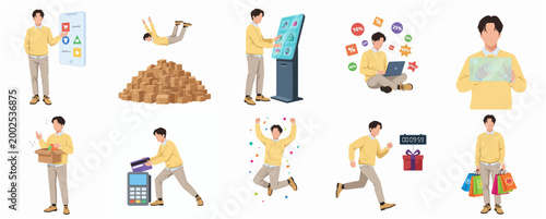 Diverse Scenes of a Young Man Engaging in Digital Interactions and Physical Activities Related to Commerce