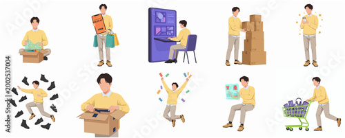 Young Man Engaged in Various Online Shopping and Delivery Activities with Cart and Parcels