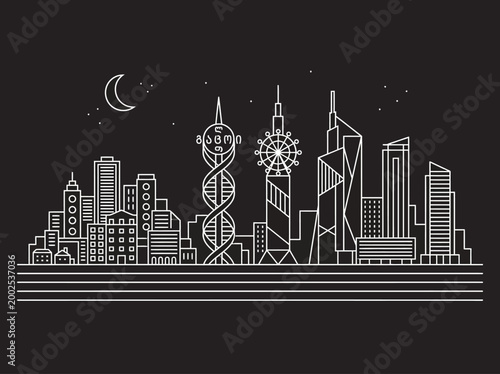 Batumi Georgia Skyline Line Art Illustration - Modern Cityscape with Alphabetic Tower and Ferris Wheel at Night on Black Background