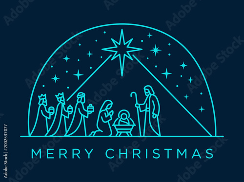 Modern Minimalist Nativity Scene Line Art with Three Kings and Star of Bethlehem for Christmas Greeting Cards