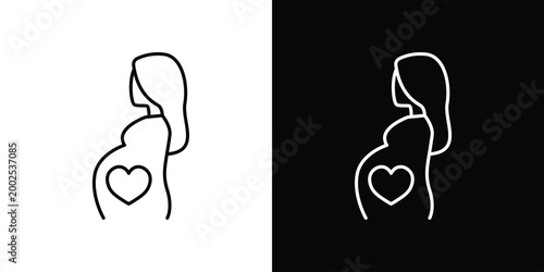 Clean vector outline icon of a pregnant woman with a heart on her belly, representing maternal love, new life, and the journey of motherhood