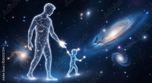 Futuristic Human Figures Made of Stars Walking in Outer Space with Galaxies and Nebulas in Background