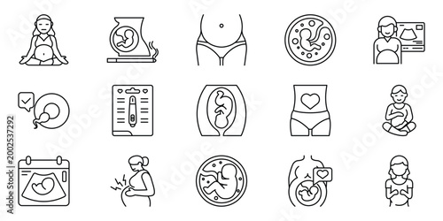 Set of pregnant woman icons representing various stages of pregnancy and related health concepts