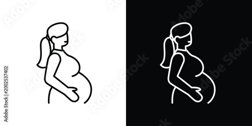 Pregnant woman icon line art illustration, expecting mother symbol for maternity and baby care websites