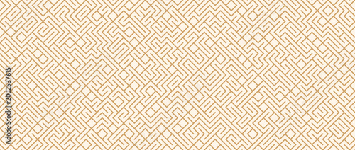 Beige geometric seamless pattern. Abstract linear repeating maze background. Line labyrinth grid texture wallpaper for graphic print, design template. Vector repeated retro line element all over bg