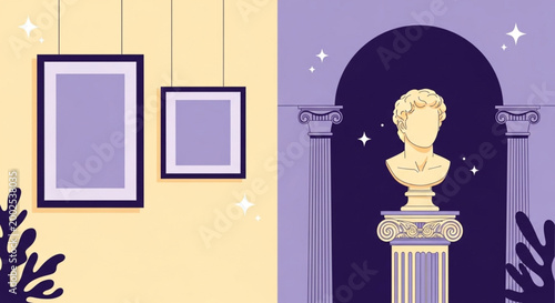 Illustrative exploration of artistic heritage, blending classical sculpture with modern gallery frames, representing the evolution and timeless beauty of art and culture