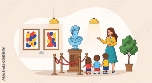 Group of children on a field trip at a museum, viewing art and sculptures with a guide