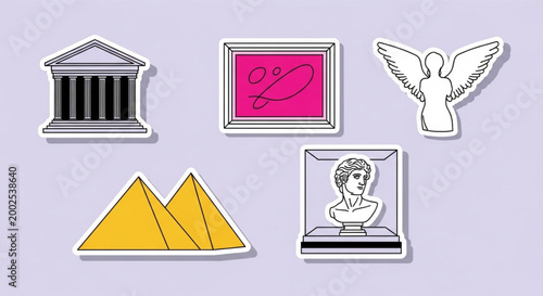 A charming collection of outline stickers portraying historical landmarks, classical sculptures, and art icons, representing cultural heritage and educational travel concepts