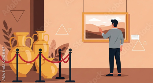 International Museum Day Person observing a landscape painting in an art gallery with ancient pottery displayed