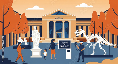 International Museum Day A family visits a museum to see dinosaur skeletons and ancient statues, with people interacting with a virtual reality display