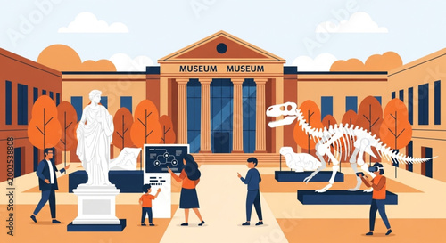 International Museum Day Exploring the wonders of a museum with families and historical exhibits, including dinosaur skeletons and sculptures, creating lasting memories