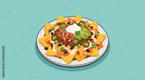 Delicious plate of nachos with toppings.