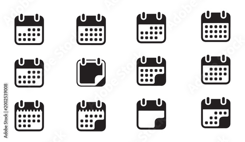Set of calendar icons, date squares filled with dots, simple black and white pictograms.
