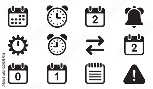 Set of black flat icons for time management and daily planning with alarms.
