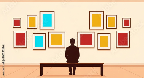 A solitary figure sits on a bench, contemplating a vibrant array of framed artworks displayed on a gallery wall, a moment of reflection and aesthetic appreciation within a cultural space
