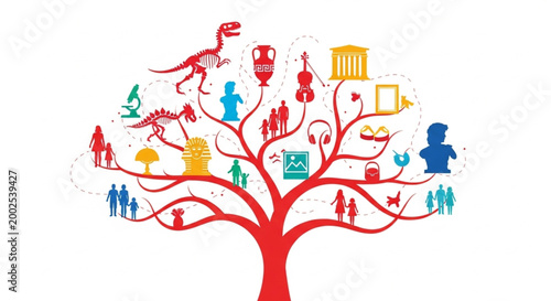 Vibrant Conceptual Tree Illustration Symbolizing the Interconnectedness of Human Knowledge, Culture, Science, History, and Art Through Diverse Pictograms
