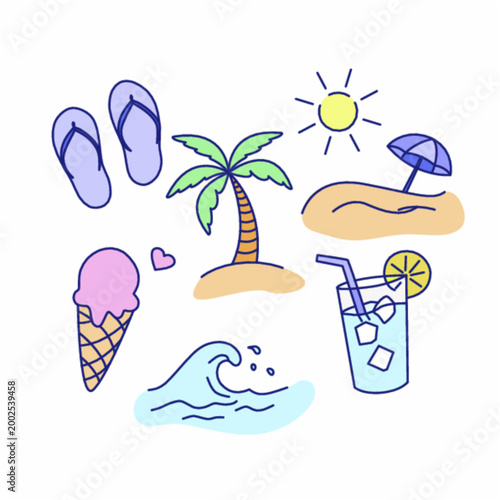 Cute Summer Beach Doodle Icon Set – Flip Flops, Palm Tree, Sun, Ice Cream, Wave and Refreshing Drink