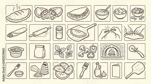 Cuadro en lienzo A collection of hand-drawn illustrations depicting various stages and ingredients involved in making pizza and other baked goods