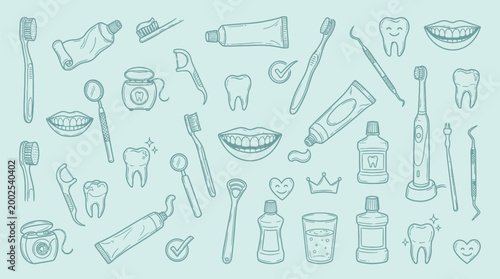 Фотография A charming collection of hand-drawn dental hygiene items, including toothbrushes, toothpaste, floss, mouthwash, and dental tools, all rendered in a soothing pastel blue