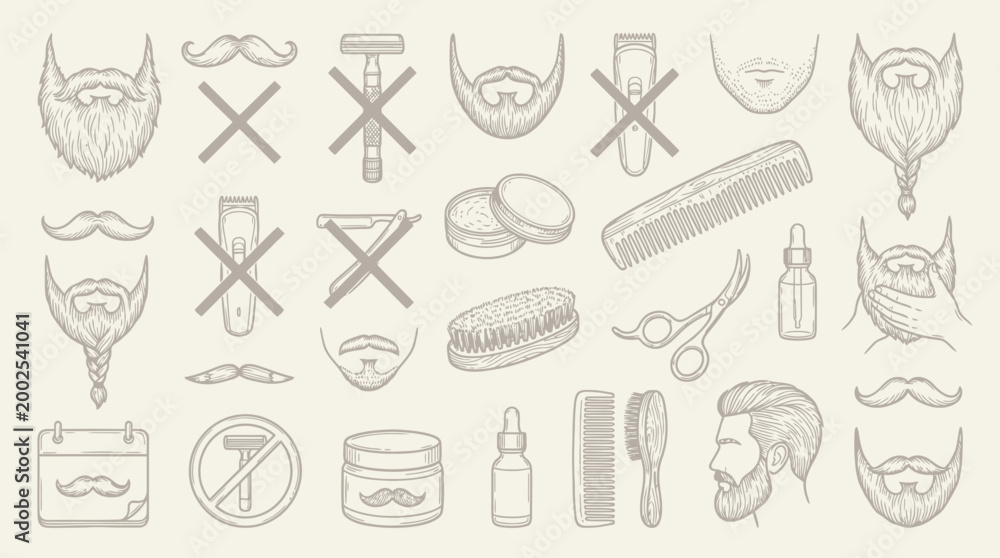 Fototapeta premium A collection of hand-drawn illustrations depicting various beard styles, grooming tools, and related accessories, presented in a vintage sketch aesthetic.