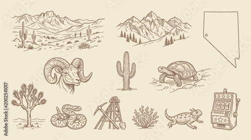 Photos A collection of hand-drawn illustrations depicting iconic elements of the Nevada desert landscape, including mountains, cacti, wildlife, and state outline