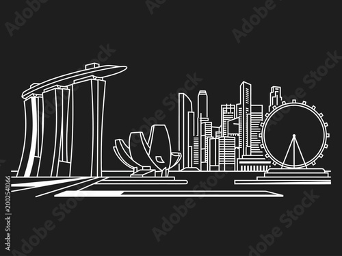 Minimalist Singapore Skyline Line Art Illustration on Black Background