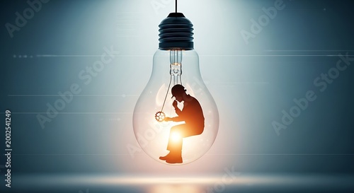 Silhouette of Person Sitting Inside Light Bulb Holding Gear Conceptual Illustration