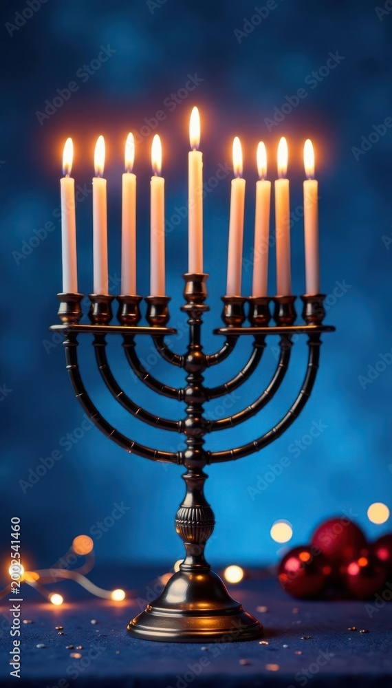 Fototapeta premium Glowing Hanukkah menorah, blue backdrop, festive scene , religious symbol, holiday