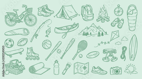 Foto A collection of hand-drawn outdoor recreation and sports equipment, including camping gear, athletic items, and adventure accessories, presented in a simple, illustrative style