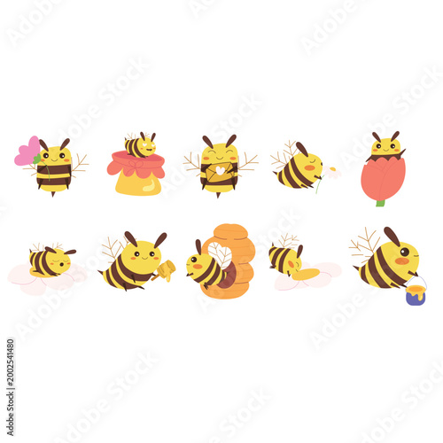 Collection of Cute Cartoon Bumblebees Engaged in Various Adorable Activities and Poses