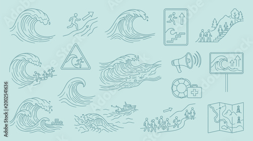 Collection of line art illustrations depicting tsunami warnings, evacuation procedures, and disaster preparedness measures against large ocean waves.