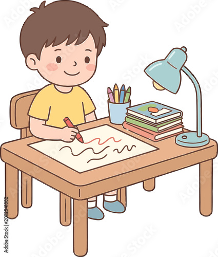 Illustration of a young boy happily drawing at a desk with a lamp, crayons, and books, symbolizing childhood creativity and learning