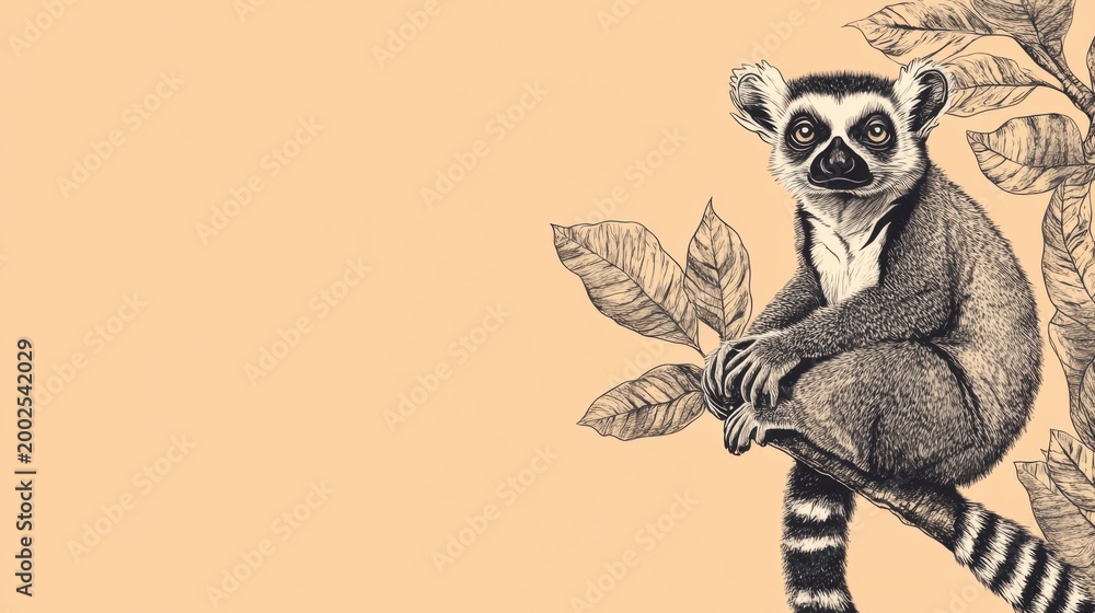 Fototapeta premium Charming Lemur Illustration with Stylish Background and Leaves