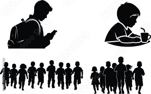 Silhouettes of children walking to school and playing in groups with silhouette
