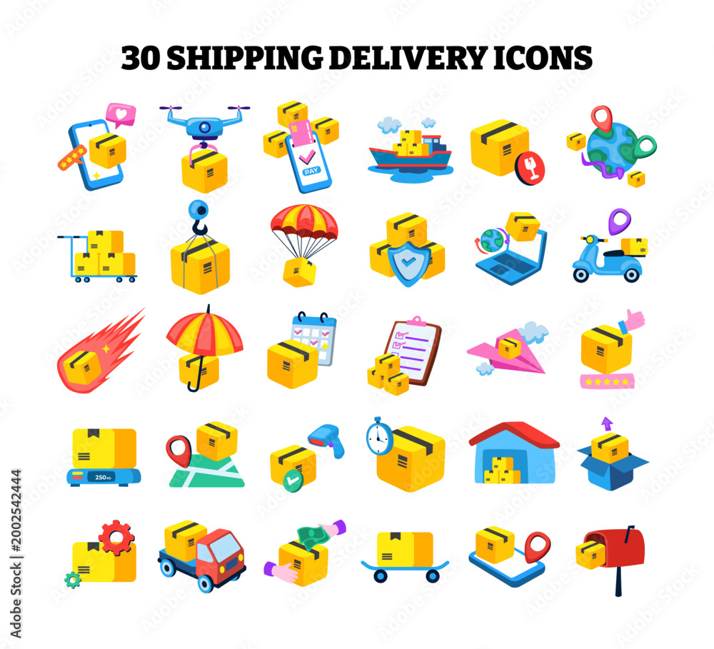 Fototapeta premium Set of shipping and delivery Icon set collection, shipping elements cartoon stickers vector illustration. logistics and transportation concept sticker with package, truck, box, warehouse Symbols.