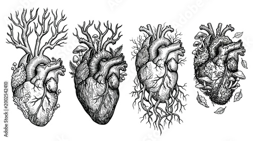 Anatomical Hearts Illustration Showing Four Realistic Hearts.