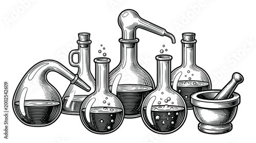 Assorted Laboratory Glassware Collection with Beakers Flasks and Tubes.