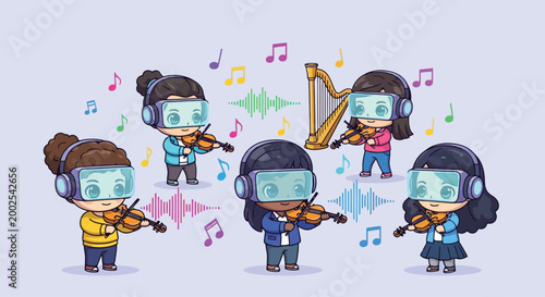 Children Musical Band Wearing Masks Performing Together.