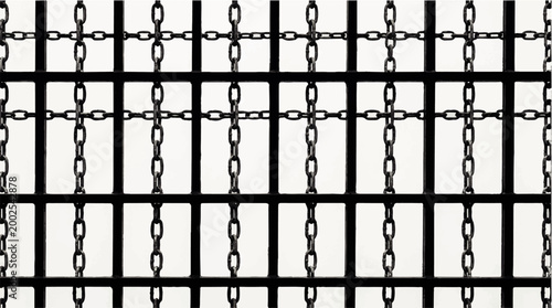 Abstract black and white pattern of interconnected chains forming a grid-like structure with a sense of depth and repetition
