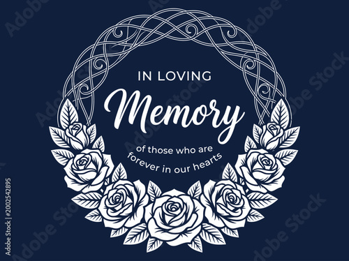 In Loving Memory Sympathy Card Design with White Rose Wreath and Filigree Border on Dark Blue Background for Funeral and Condolence Stationery