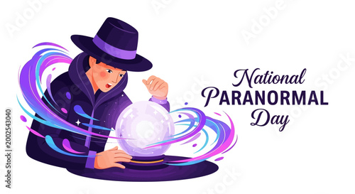 Eerie vector illustration for National Paranormal Day featuring a mysterious figure with a hat gazing into a glowing crystal ball, surrounded by swirling mystical energy against a clean