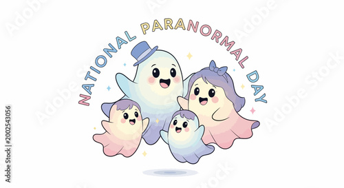 Illustrative vector design promoting National Paranormal Day featuring a cartoon ghost family with pastel hues and cheerful expressions, set against a clean white background