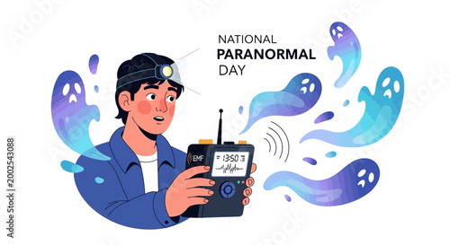 Illustration of a paranormal investigator holding a device during National Paranormal Day surrounded by ghost silhouettes and eerie light, set against a clean white background