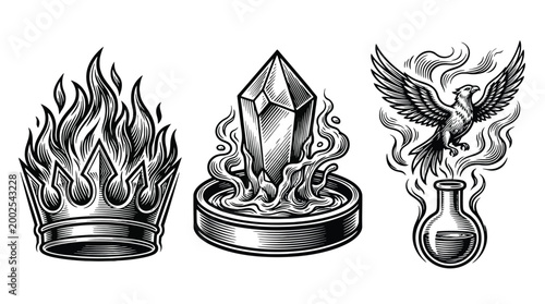 Mystical trio of crown fire crystal phoenix sculpture.