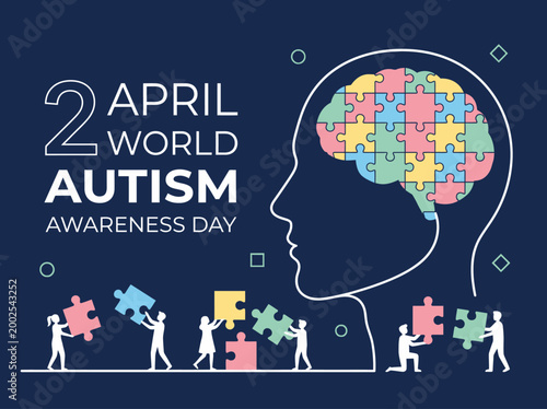 World Autism Awareness Day Banner on April 2nd with Human Head Profile, Puzzle Piece Brain, and Diverse People Icons for Neurodiversity Support