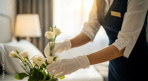 Hotel staff arranging a bouquet of white flowers in a guest room, providing luxury hospitality service with white gloves