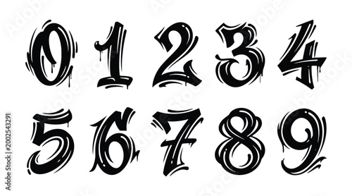 Number 0 to 9 set black graffiti hand drawn street art typography