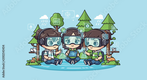 Three masked children posing for illustration in colorful outfits.